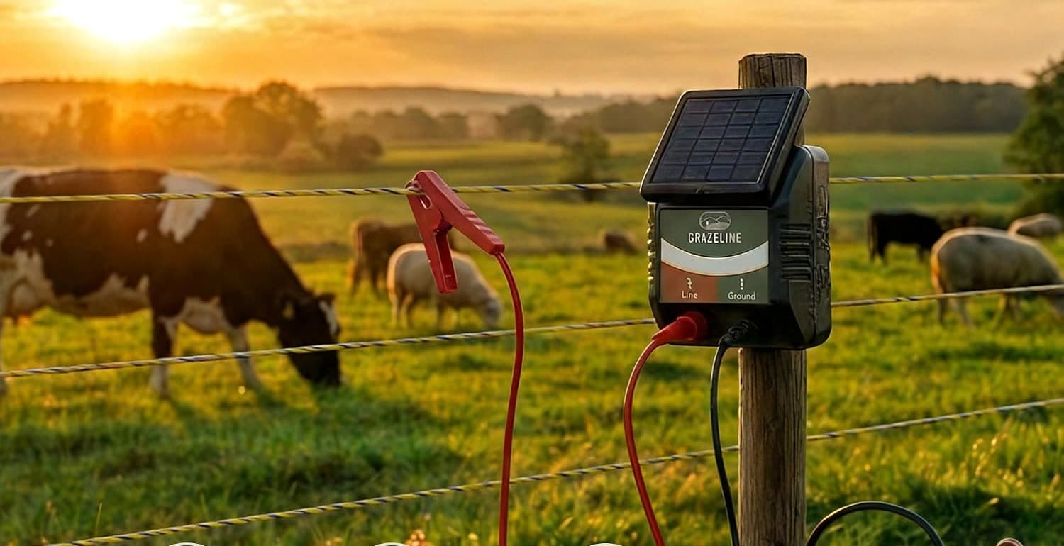 Evening falls over a fenced pasture, energizer glowing on its post