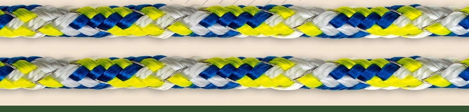Macro detail of the white, neon-yellow and blue polybraid rope weave