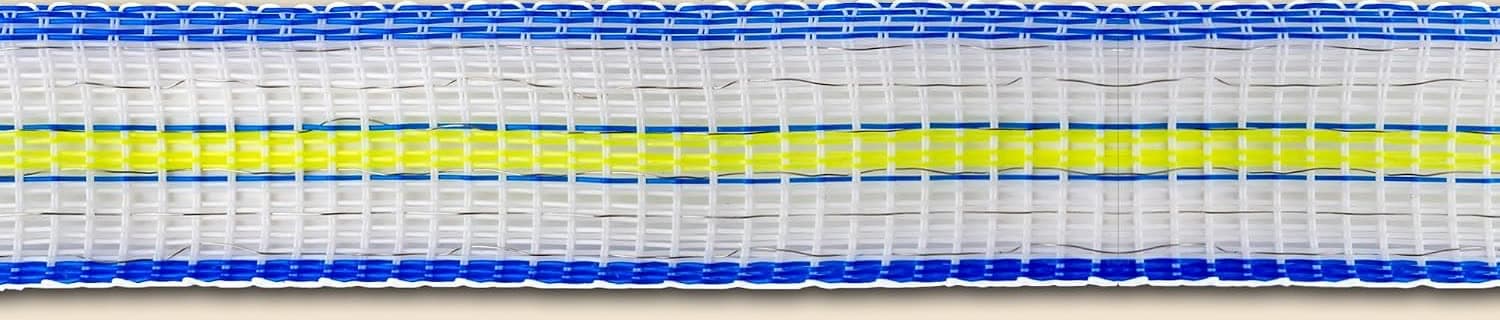 Macro detail of the white, neon-yellow and blue polytape weave