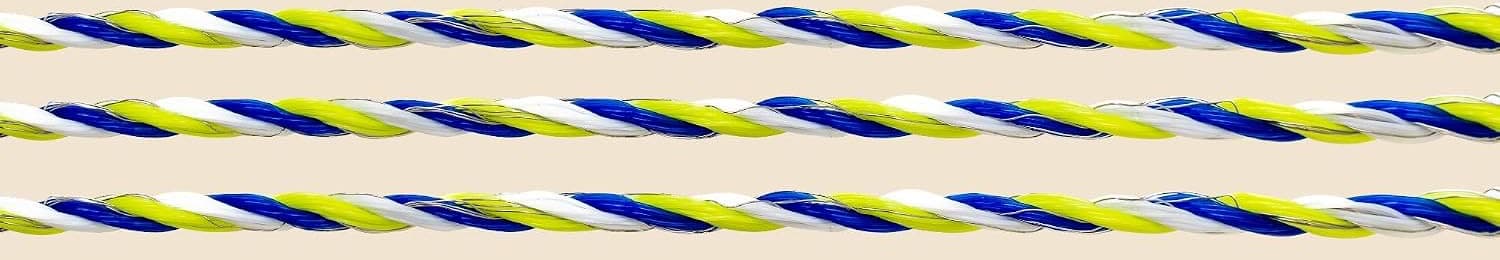 Macro detail of the white, neon-yellow and blue polywire weave
